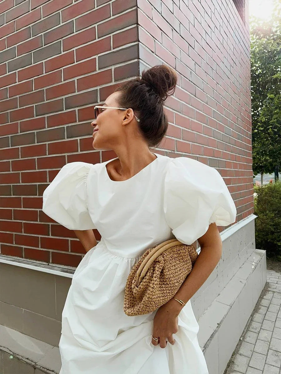 Oversized Cotton Bubble Sleeve Long Dress for Women