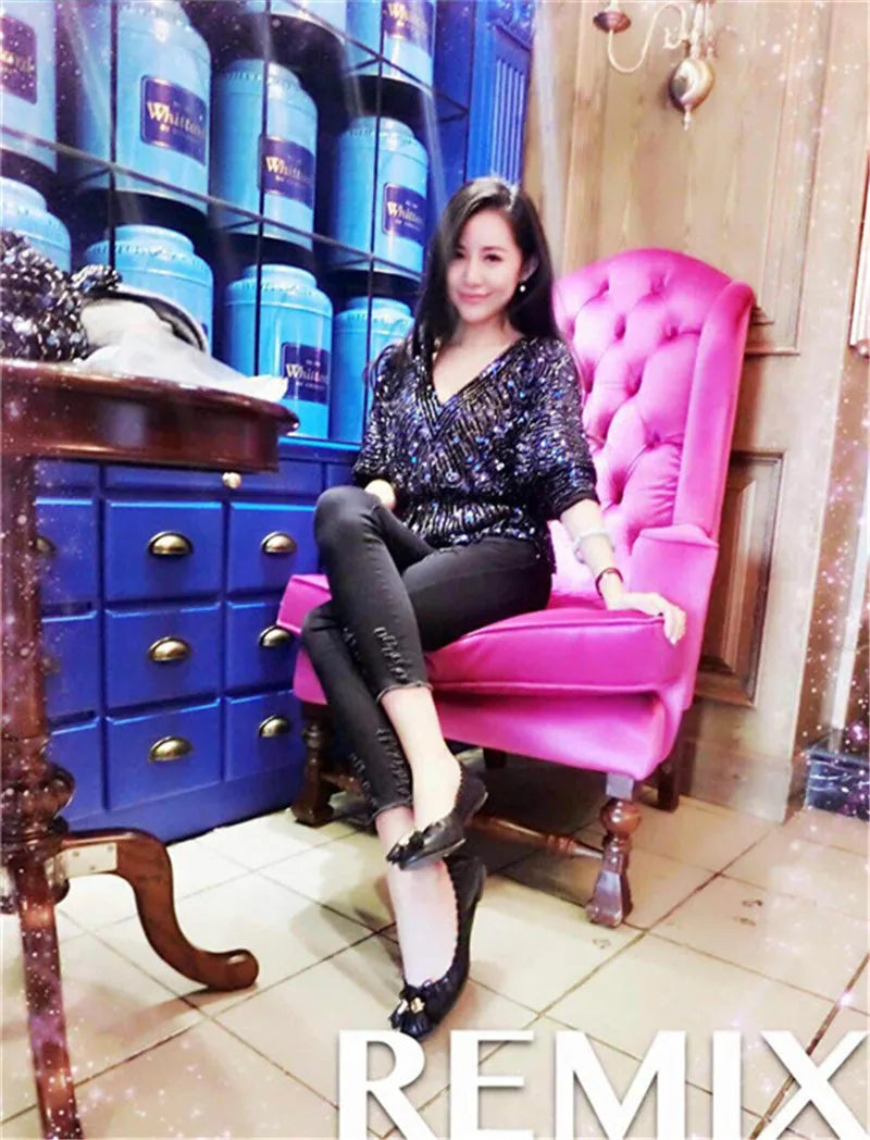 Ladies New Heavy Handmade Bling Beaded Sequins Batwing Sleeve Top Slimming Oversized Blouse Elegant Nightclub Pullover Shirts