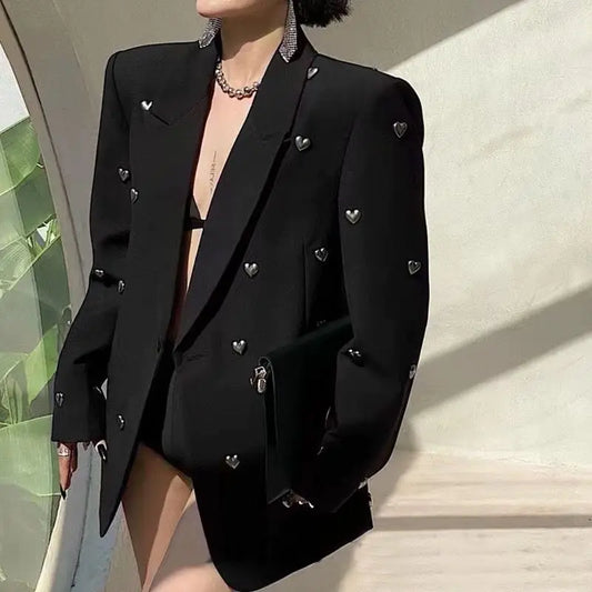 Women Blazers Coat Suit Jacket 2025 Spring and Autumn New Fashion Heavy Industry Love Black