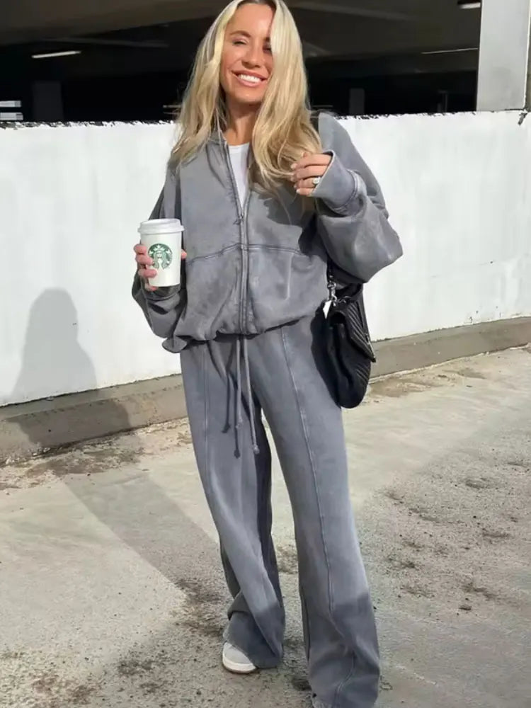 Retro Zipper Bomber Jacket and Velvet Pants Two Piece Set for Women