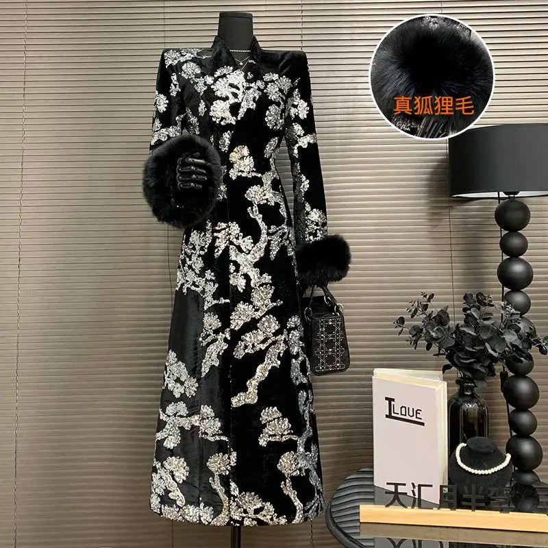 Black Velvet Sequins Windbreaker Coat Autumn/Winter New English style Luxury Sequin Embroidered Women's Coat
