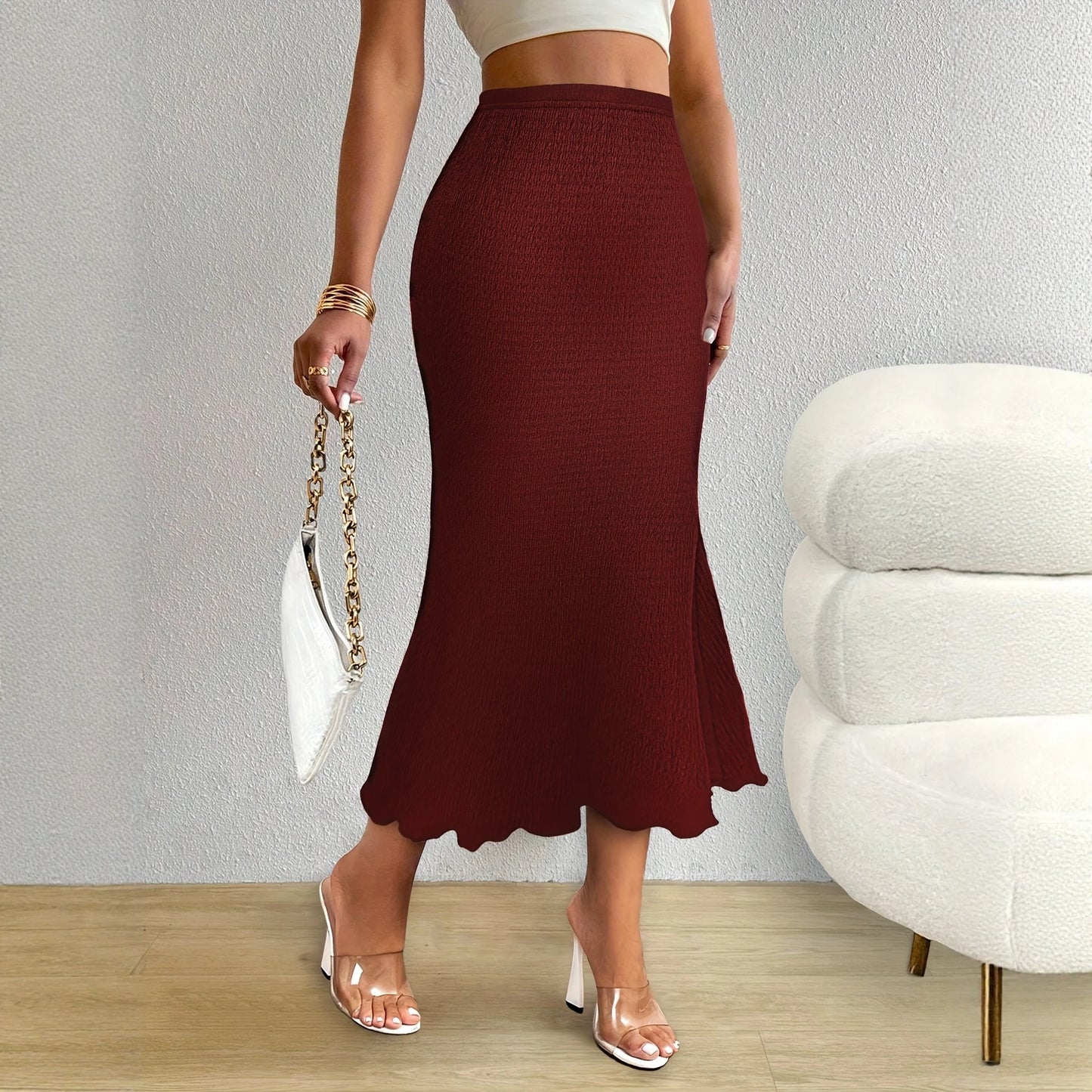 Women Black Smocked Midi Skirt High Waist Scalloped Hem Casual Pleated Skirt Summer Vacation Beach Holiday Outfit