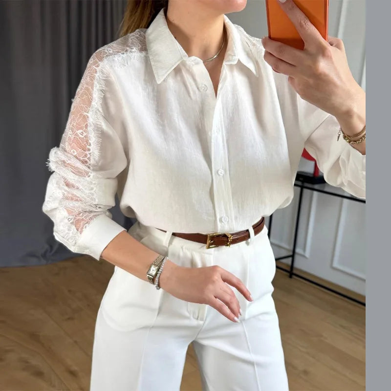 Elegant Lace Patchwork Long Sleeve Top With Turn Down Collar for Women