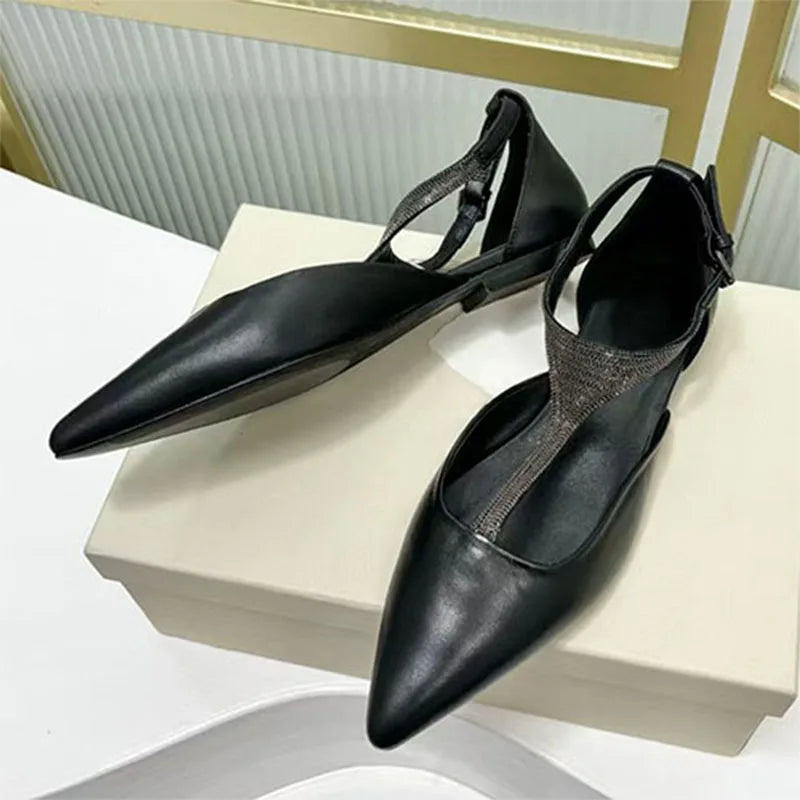 Genuine Leather Pointed Toe Flats With Beaded Ankle Strap For Women