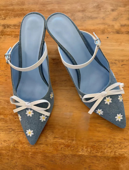 Blue Denim Daisy Bow Stiletto Sandals
