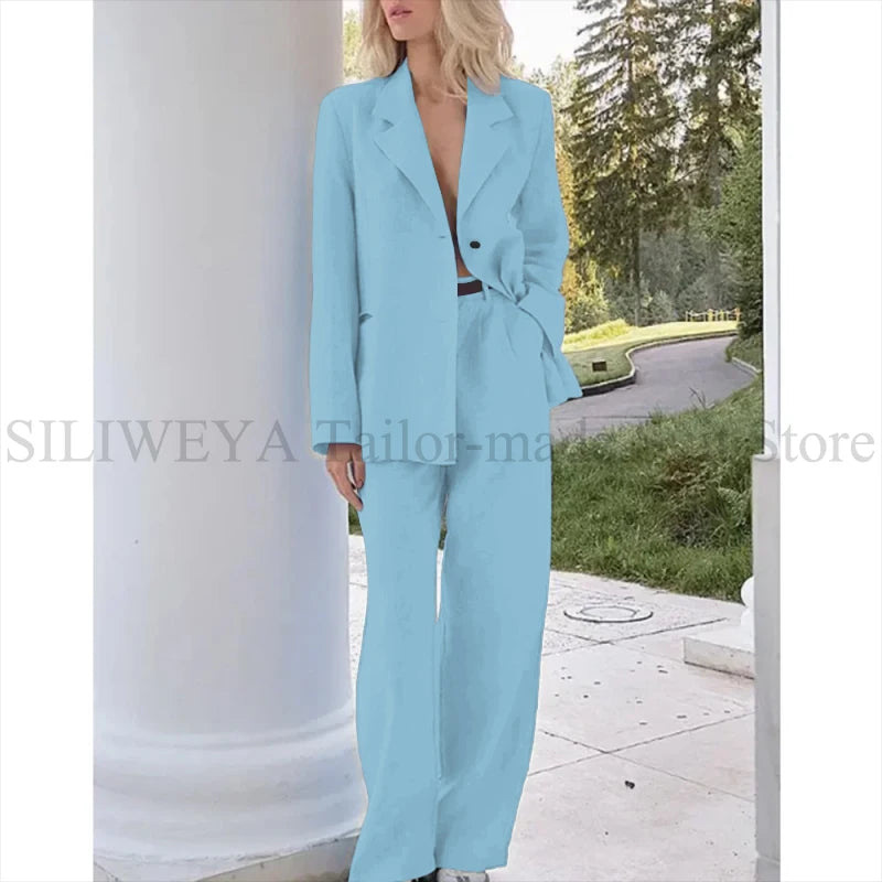 Single Breasted Light Blue Two Piece Blazer Set For Women