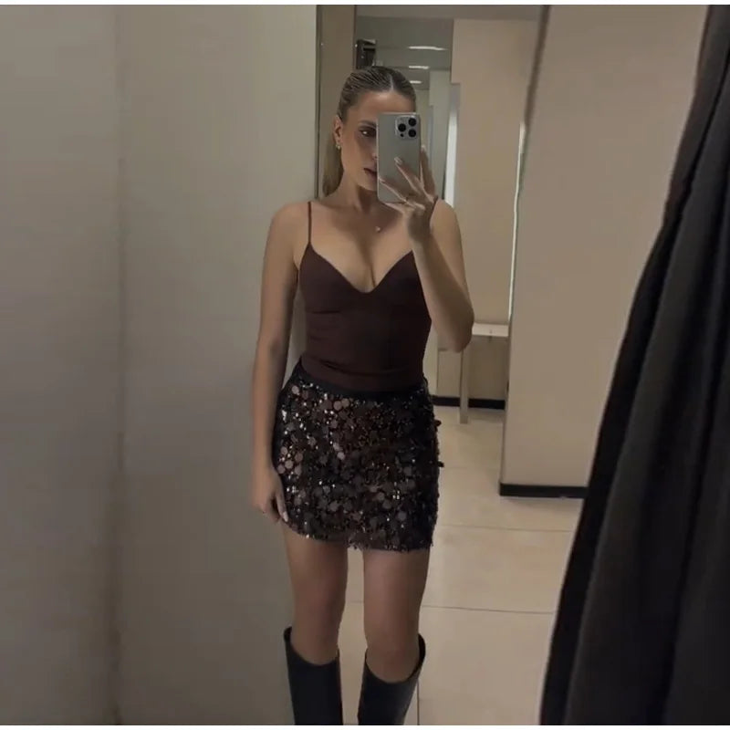 Sequined Paillette High Waist A Line Mini Skirt for Women