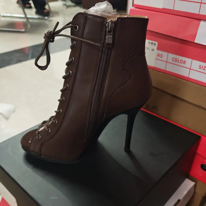 Lace Up Open Toe Latin Dance Boots With Stiletto Heels for Women