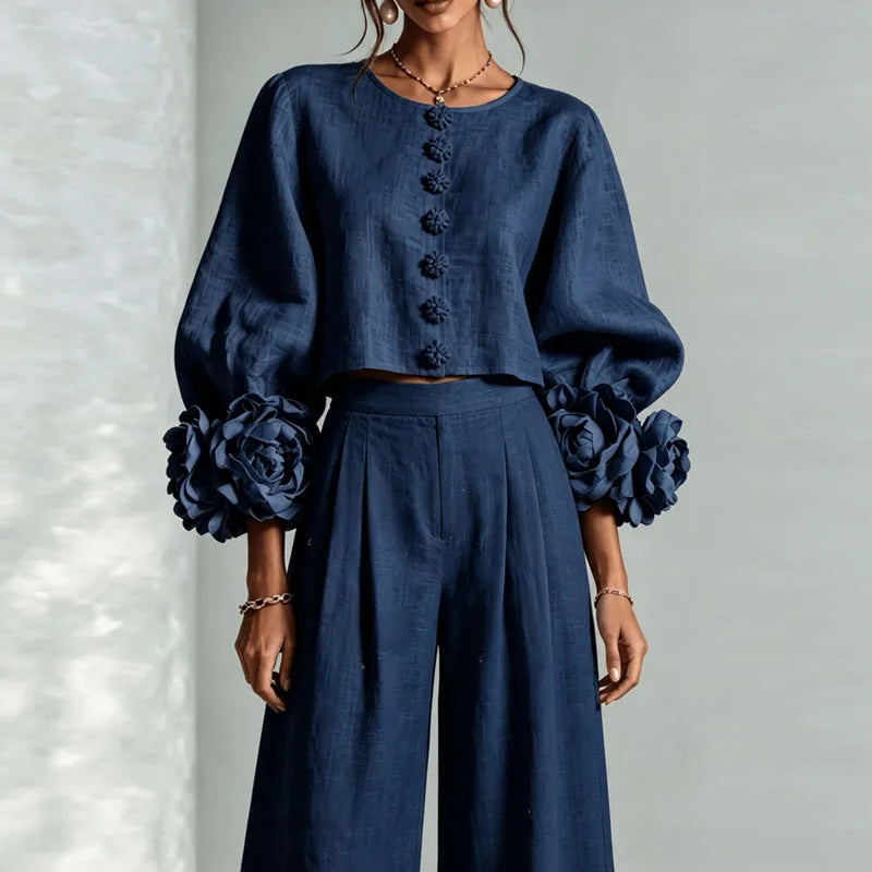 Puff Sleeve Floral Crop Top and Wide Leg Pants Set for Women