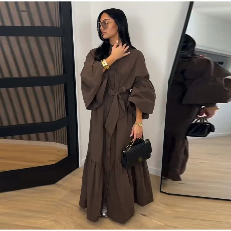 Casual Belted Long Lantern Sleeve Button Dress for Women