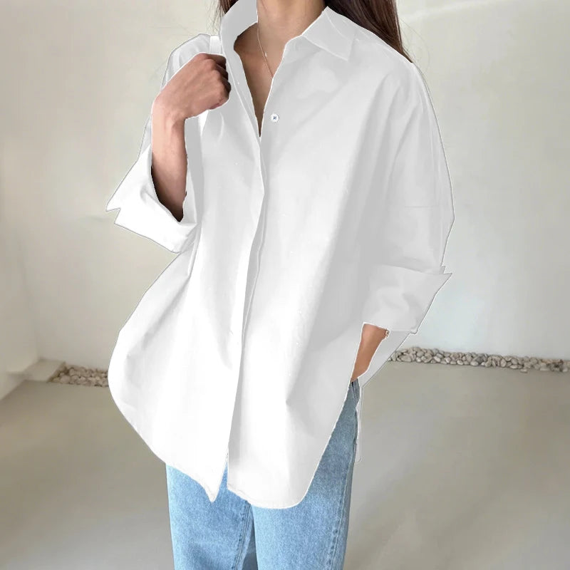 Oversized White Long Sleeve Button Up Blouse for Women