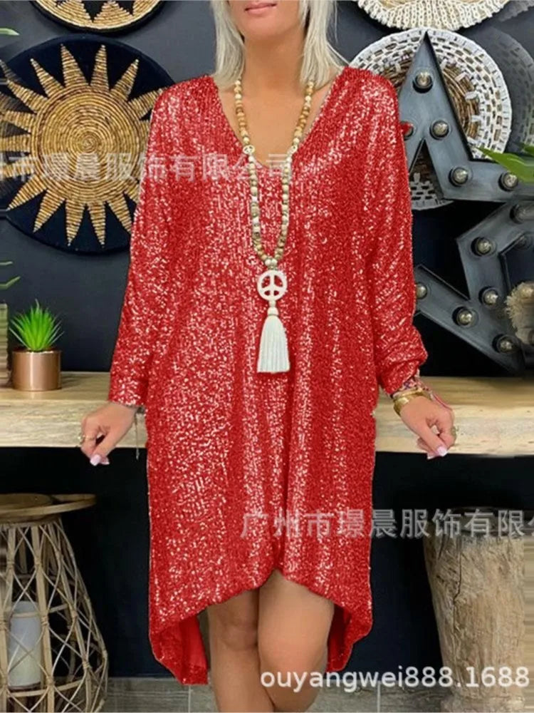 Chic Solid Color Sequin Long Sleeve Mini Dress for Women