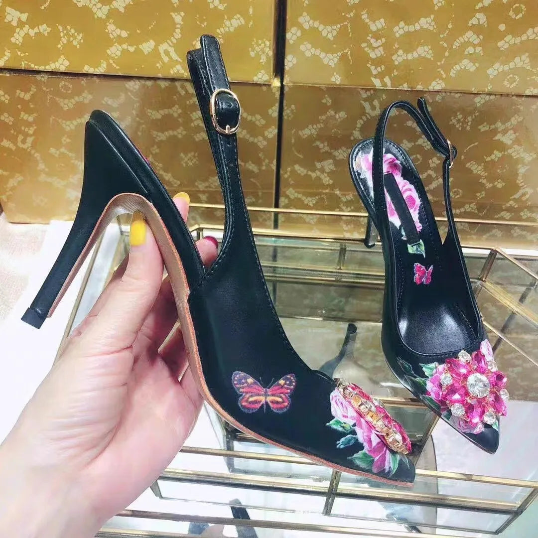 Elegant Pink Floral Rhinestone Slingback Wedding High Heels Pumps for Women