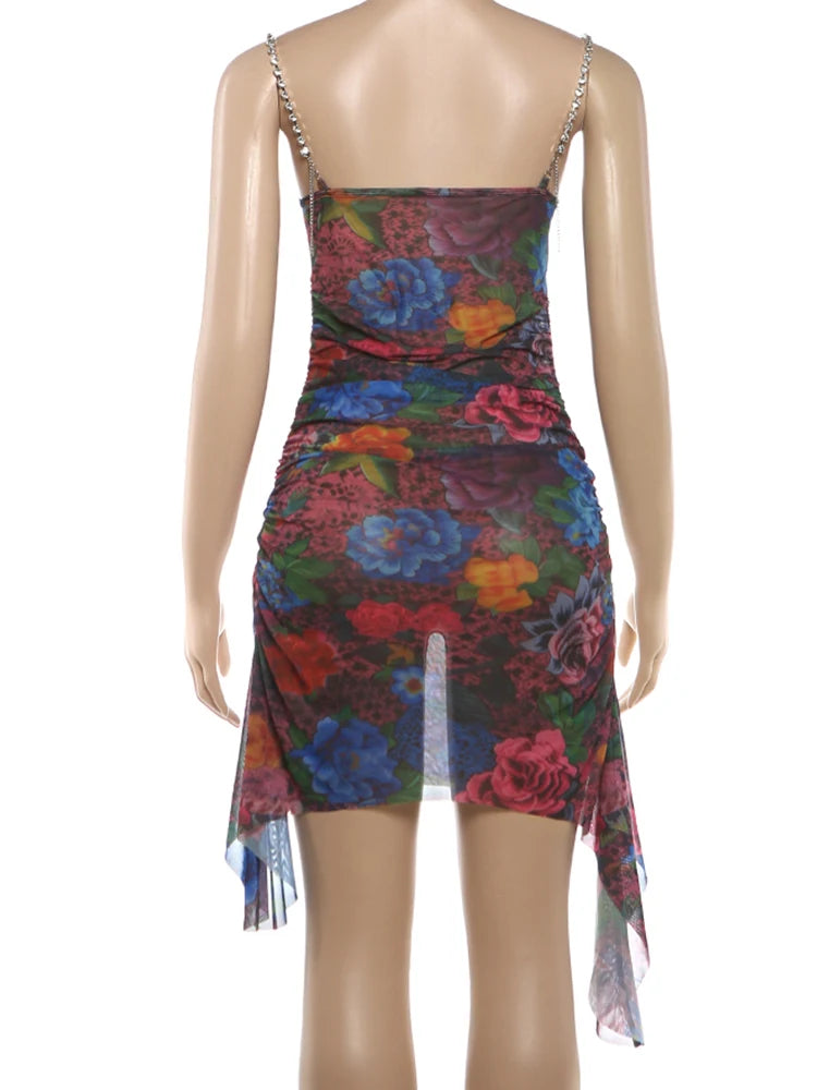 Floral Print Rhinestone Chain Low Neck Backless Mini Dress for Women