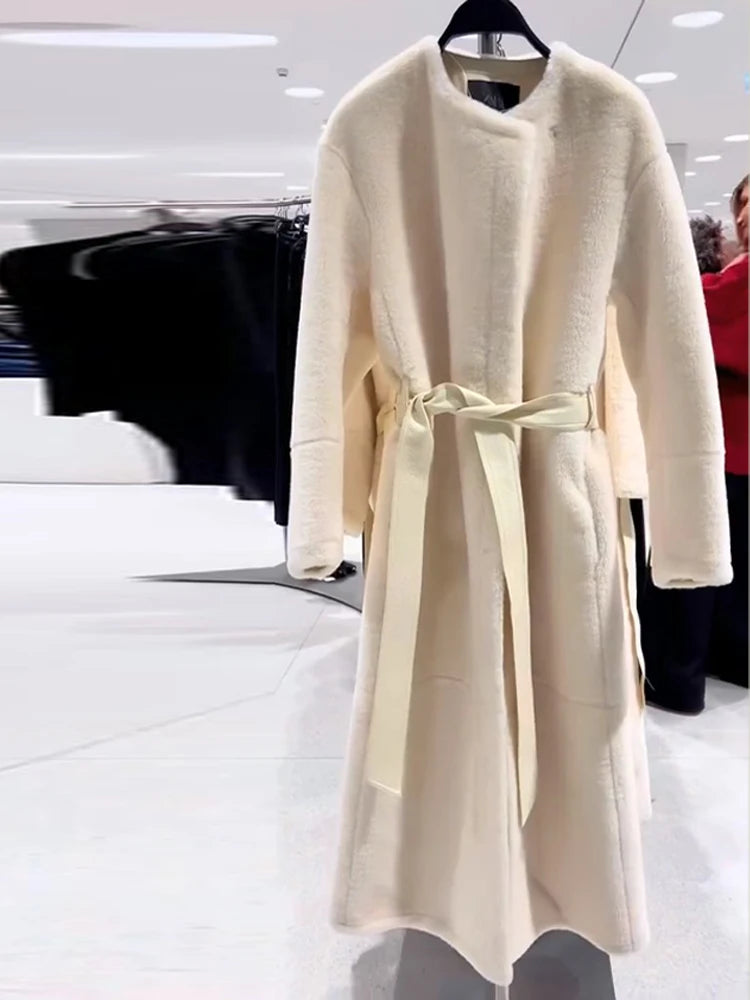 Lace Up Elegant White Faux Fur Long Coat for Women