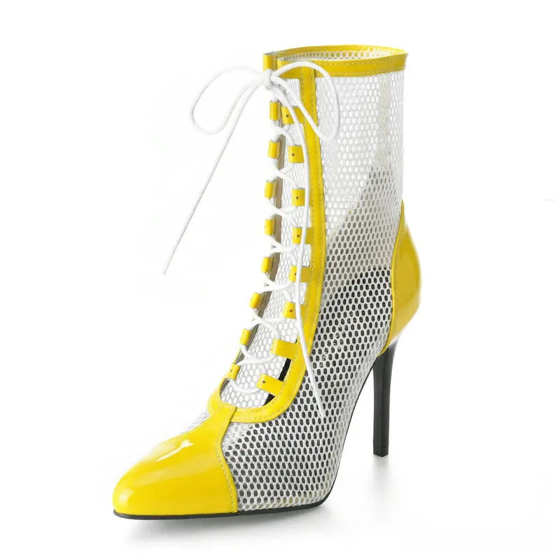 Breathable Mesh Pointy Toe Lace Up Thin Heel Ankle Boots for Women