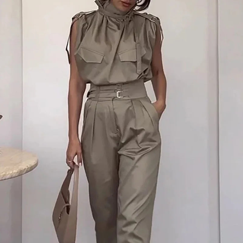 Sleeveless Turtleneck Simple Matching Set, Women Summer Cargo Pants Fashion Outfit, Solid Patchwork Chic Ladies Suits Streetwear