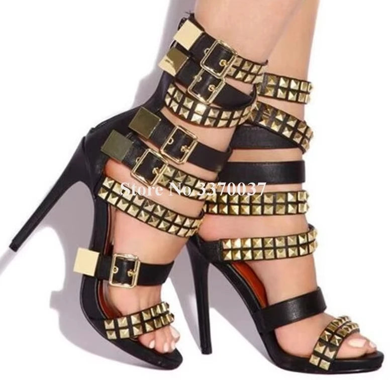 Metal Rivet Denim Patchwork Gladiator Stiletto Heels For Women