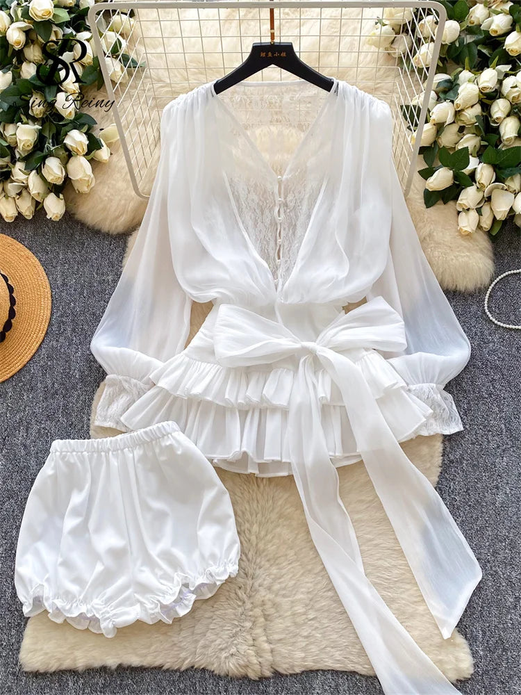 Lace Chiffon Mini Dress With Ruffles and Shorts for Women