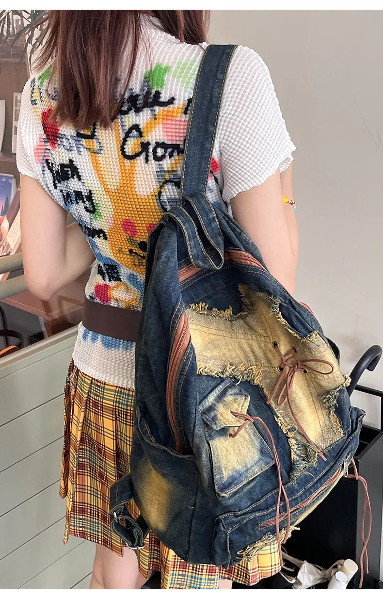 Washed Denim Backpack With Large Capacity for Women
