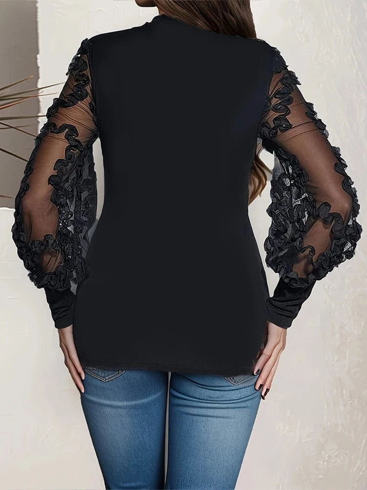 Summer 2025 Women's Long-Sleeve Lace Trim Mesh Blouse round Neck Versatile Thin Model Bottoming Shirt