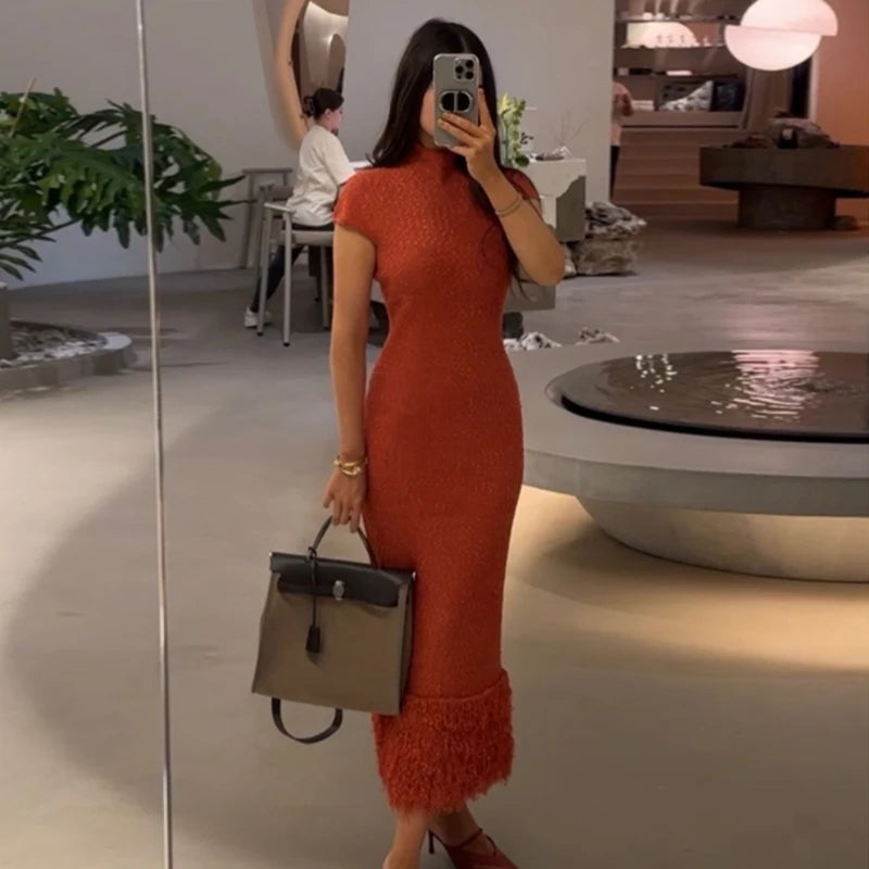 Sequin Knit Short Sleeve Tassel Midi Party Dress for Women