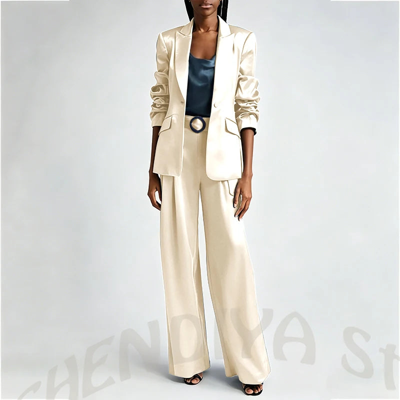 Women's Two Pieces Set Satin Peaked Lapel Elegant Fashion Single Button Straight Professional Tailor-Made Jacket with Pants