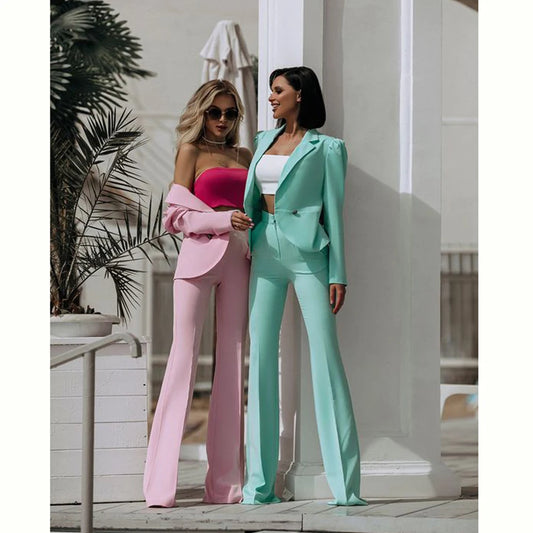 Fashion Chic Pink Blue Suit for Women Single Breasted 2 Piece Jacket Pants Female Clothing Slim Fit Office Lady Blazer Set
