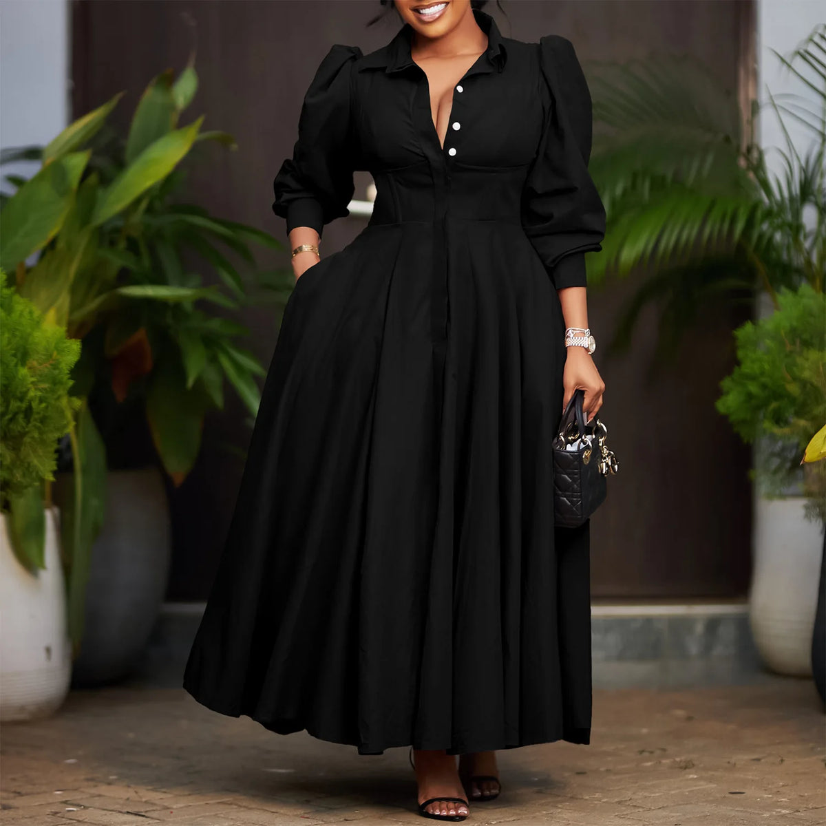 Plus Size V-Neck Long Sleeve Ankle-Length Dress for Women