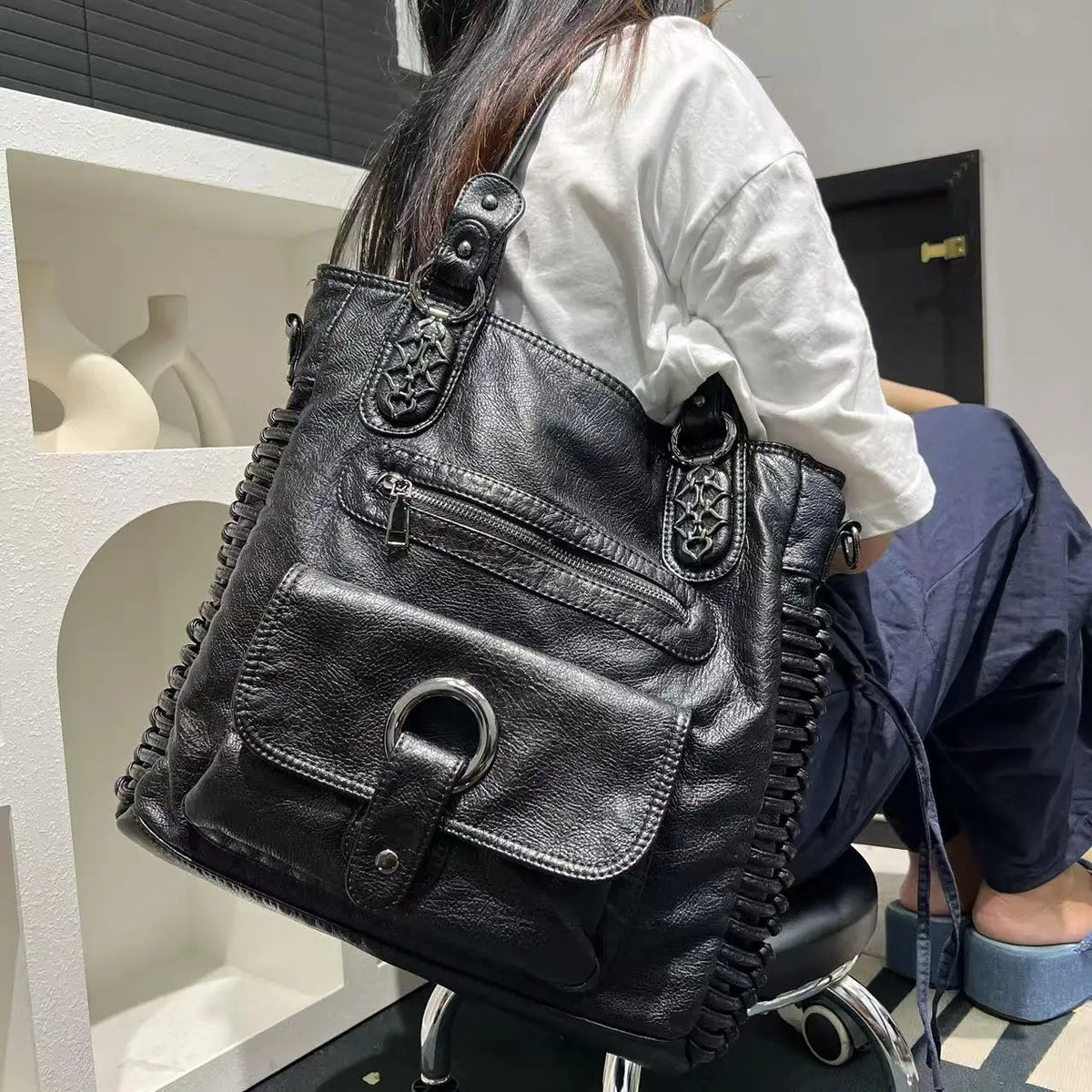Distressed Vegan Leather Shoulder Tote Bag for Women