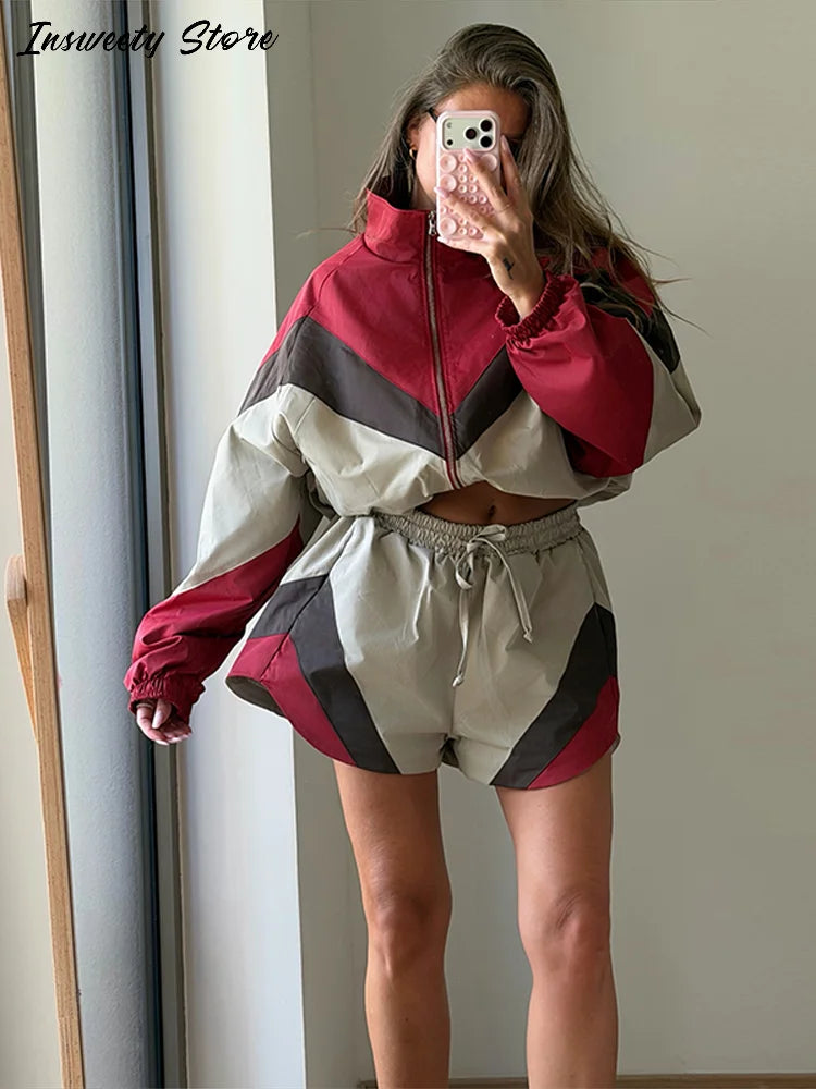 Contrast Color Zip Jacket and Shorts Two Piece Set for Women
