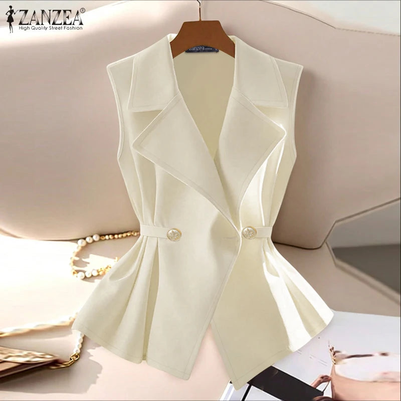 ZANZEA Elegant Women Sleeveless Blazer Fashion Lapel Neck Sashes Vest Tops 2025 Summer Lightweight Office Wear Commuting Tops