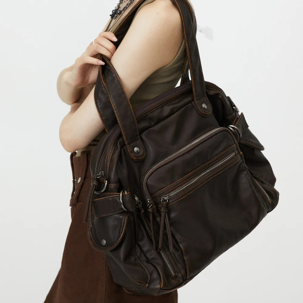 Y2K Punk Soft Faux Leather Multi Pocket Shoulder Bag for Women
