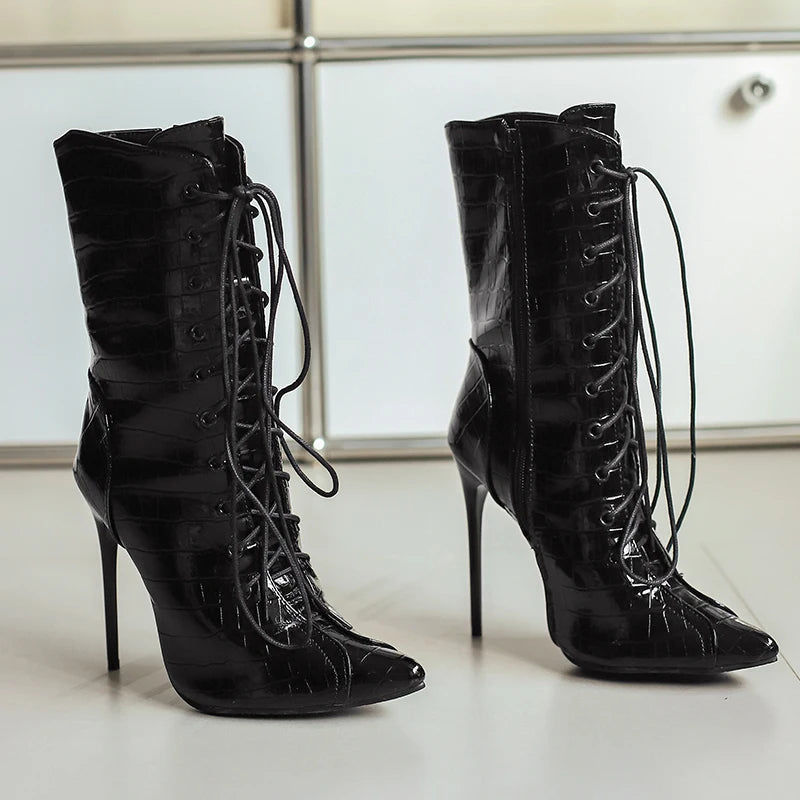 Alligator Pattern Lace Up Stiletto Ankle Boots for Women