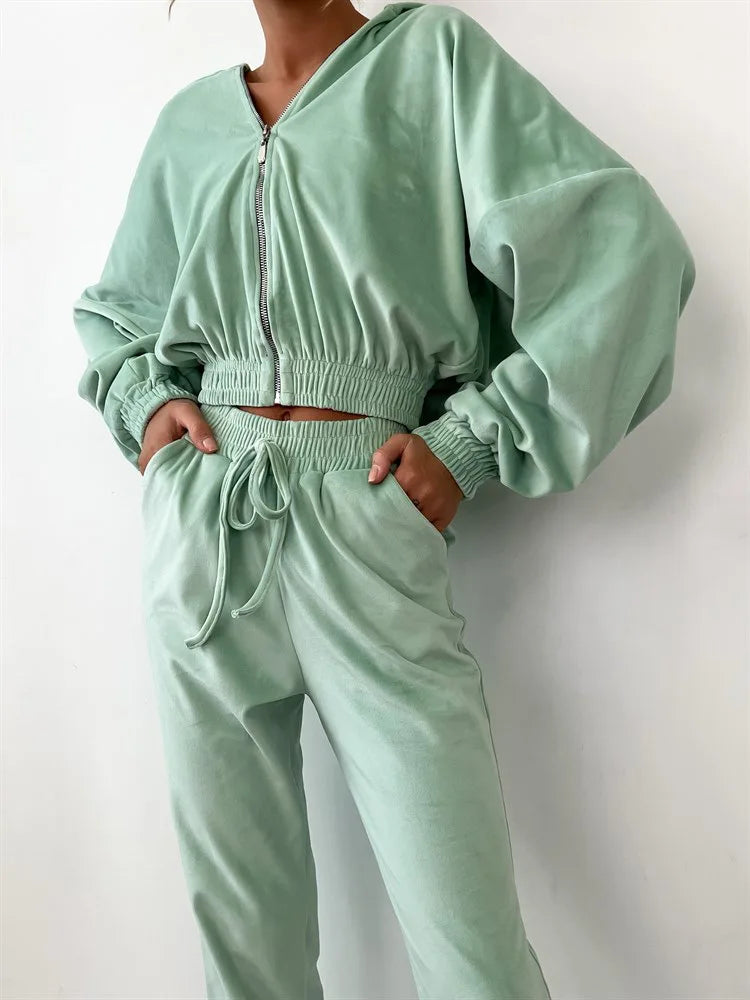 Hooded Zipper Hoodie and Trouser Tracksuit Set for Women