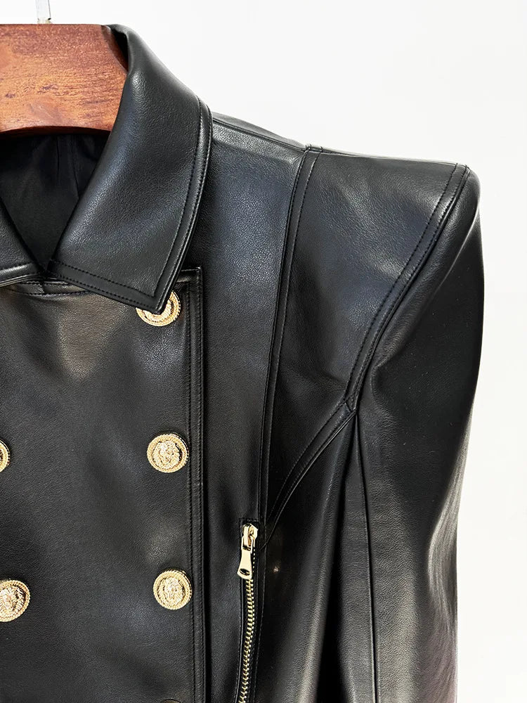 Double Breasted Faux Leather Motorcycle Jacket for Women