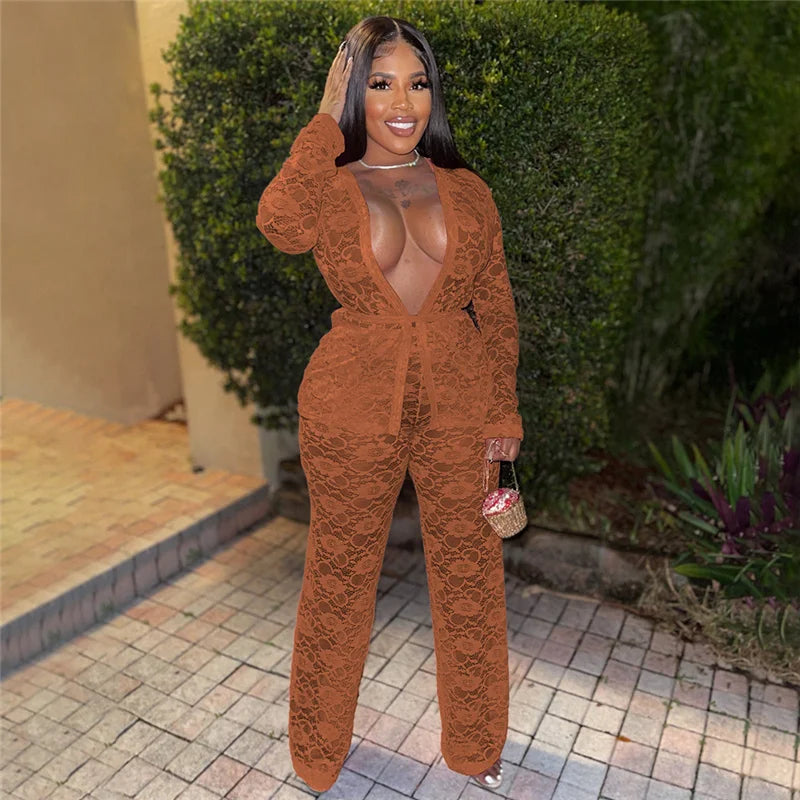 Sexy Lace Sheer Open Stitch Two Piece Set for Women