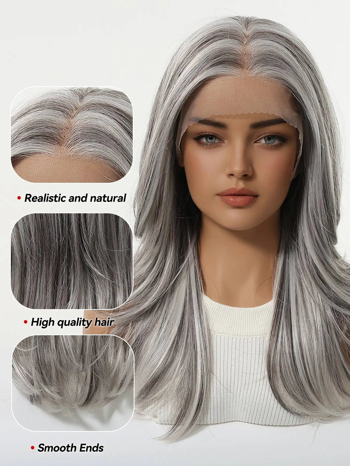 Long Silver Grey Lace Front Wig With Realistic Pre Plucked Hairline for Women