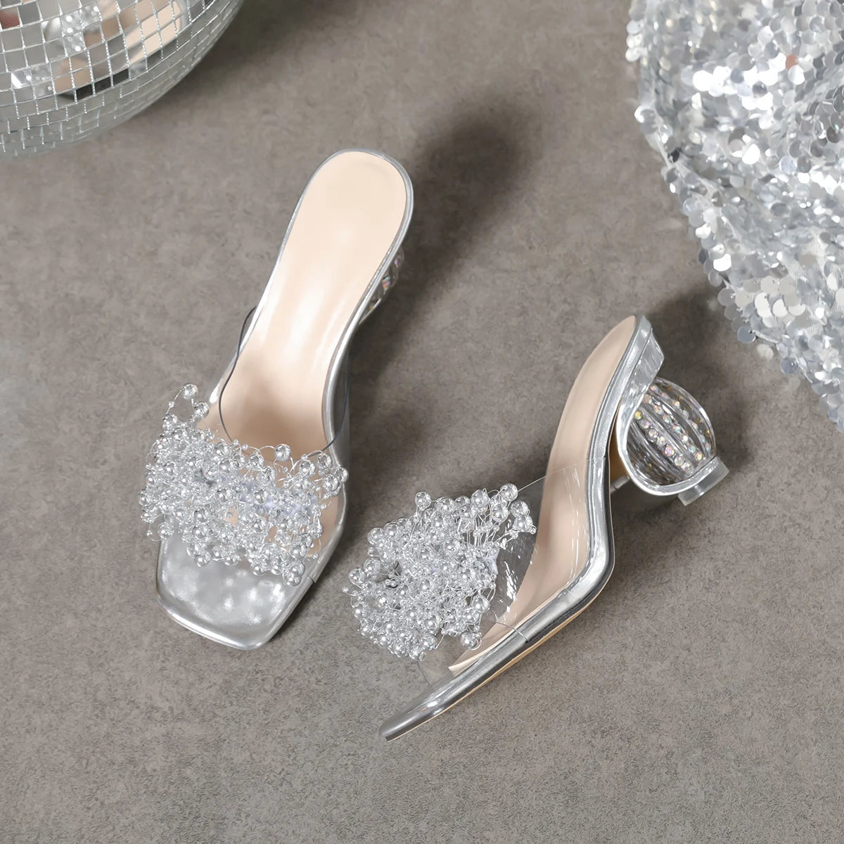 Water Diamond Flower Embellished Glitter Sandals for Women