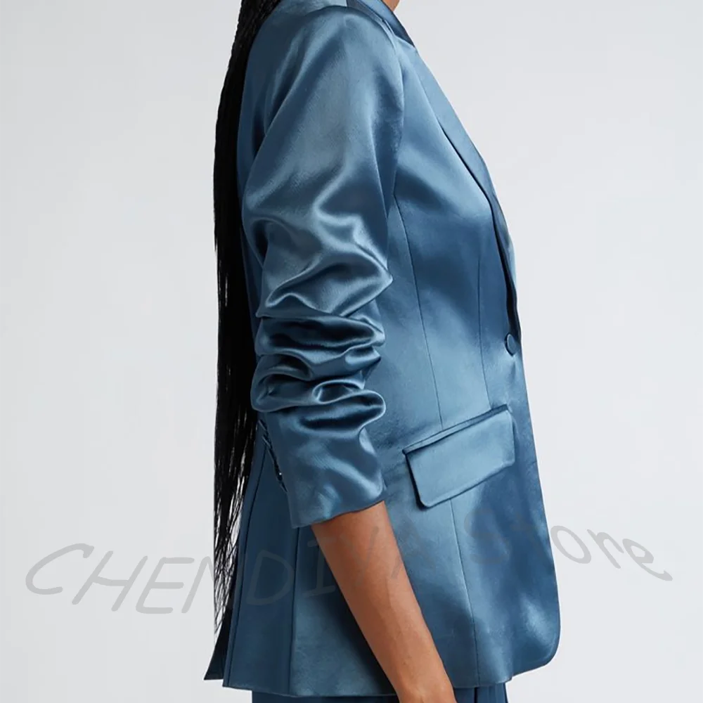Women's Two Pieces Set Satin Peaked Lapel Elegant Fashion Single Button Straight Professional Tailor-Made Jacket with Pants