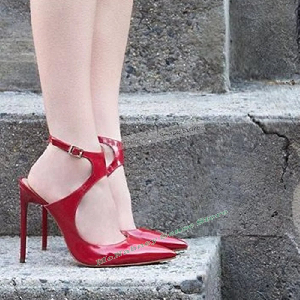 Red Pointed Toe Sandals With Buckle And Ankle Strap For Women