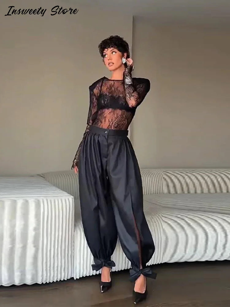 Sheer Lace Long Sleeve Blouse With Shoulder Pads for Women