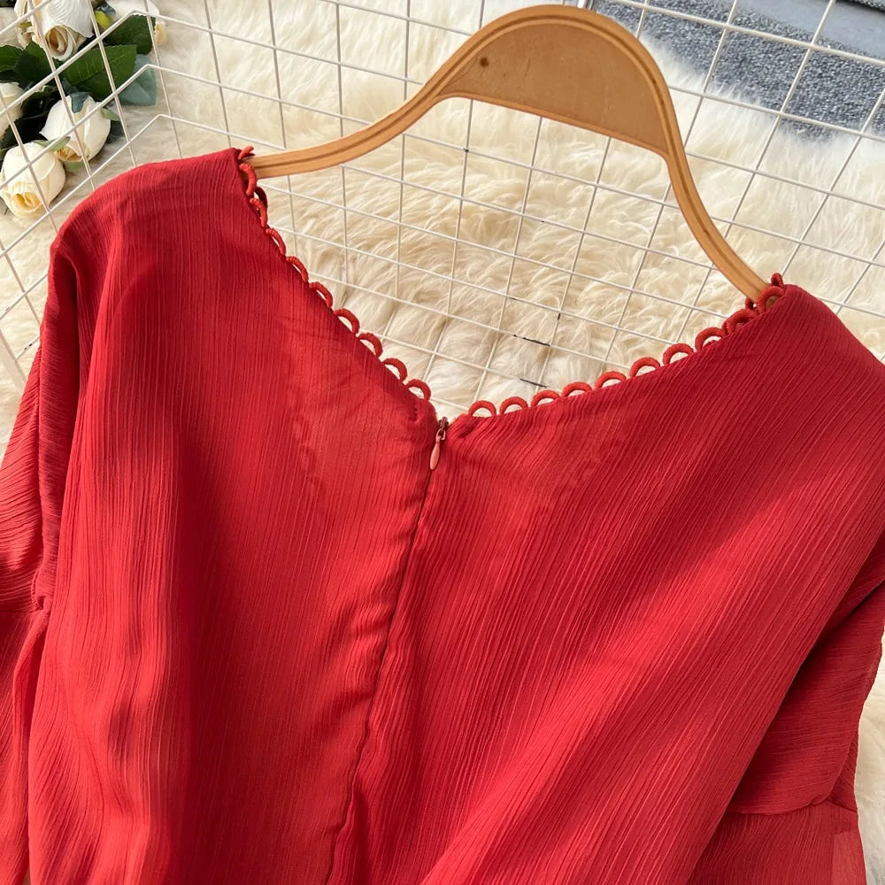 Elegant French V-Neck Waist-Cinching Maxi Dress for Women