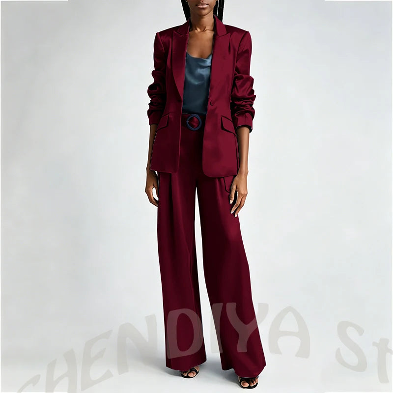 Women's Two Pieces Set Satin Peaked Lapel Elegant Fashion Single Button Straight Professional Tailor-Made Jacket with Pants