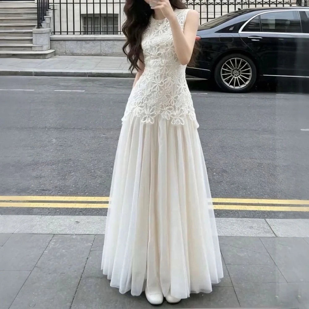 Regular Fit Crew Neck Embroidered Summer Midi Dress for Women