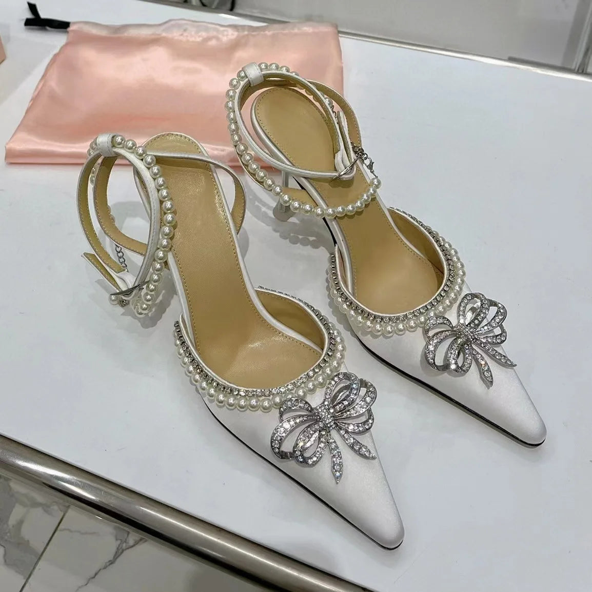 Candy Color Crystal Bow Pearls Buckle Sandals Design Women Rhinestones Bow Pointed Toe Pearls Buckle Slingback 8Cm Heel Sandals