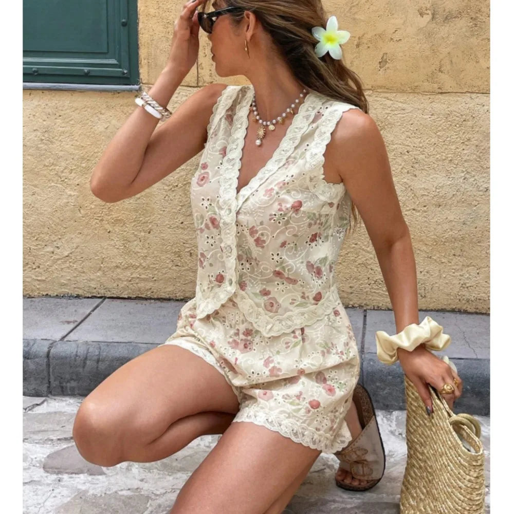 Lace-Trimmed V-Neck Printed Hollow Vest Top and Shorts Set for Women