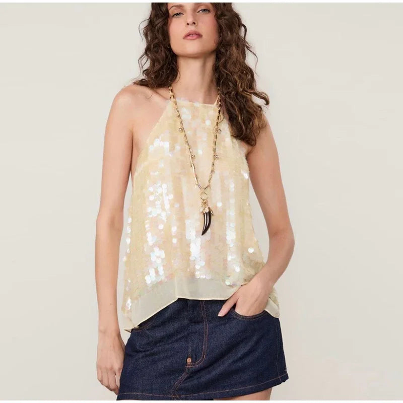 Elegant Sequined Mesh Backless Halter Top for Women