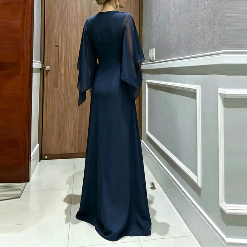 Elegant O-neck Cover Up Playsuit Match Off Shoulder Romper Women Fashion Chiffon Overalls Long Sleeve Solid Wide Legger Jumpsuit