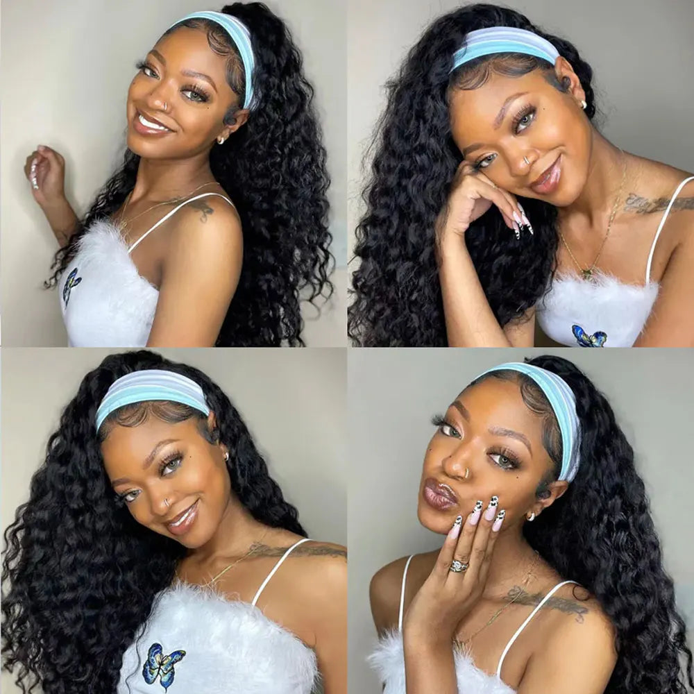 Long Water Wave Human Hair Headband Wig